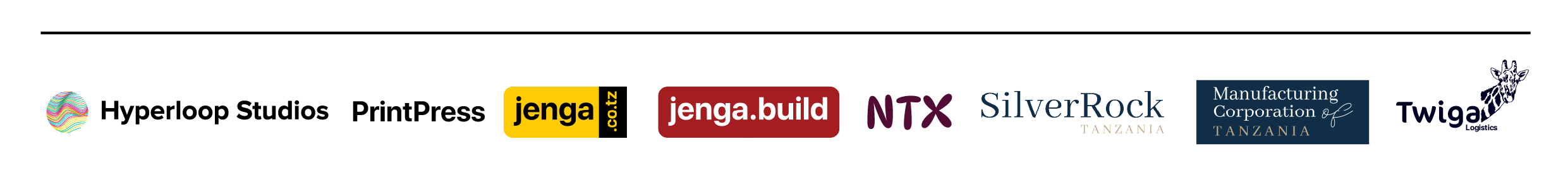 Hyperloop Studios · PrintPress · jenga.co.tz · jenga.build · NTX · SilverRock · Manufacturing Corporation of Tanzania · Twiga